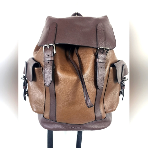 Coach Women's Hudson Browns Leather & Canvas Backpack Flap Drawstring Adj Straps